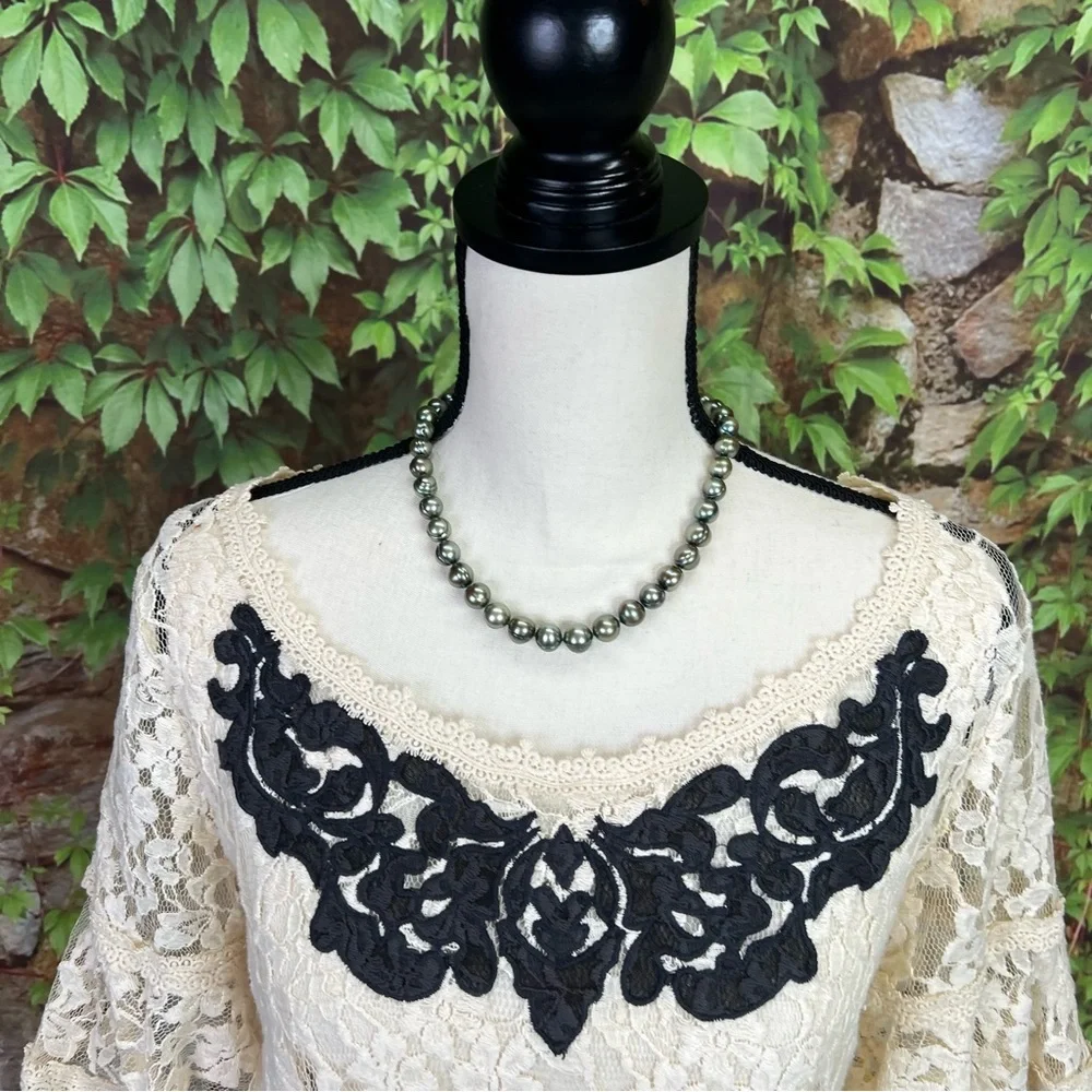 FREE PEOPLE Cottagecore Cream Peplum Blouse with Black Lace Ruffles, M